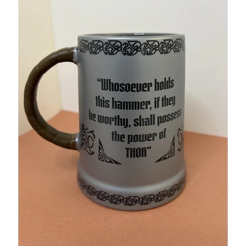 Disney Parks Marvel Thor Mjolnir Tankard Coffee Mug Grey Black Brown Handle